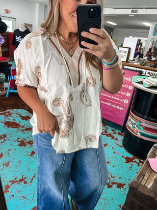 Paisley Embroidered Puff Sleeve Top