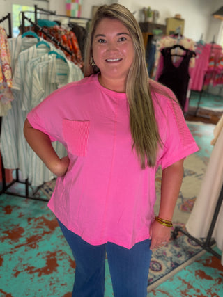 Plus Size Corded Patchwork Pocketed T-Shirt