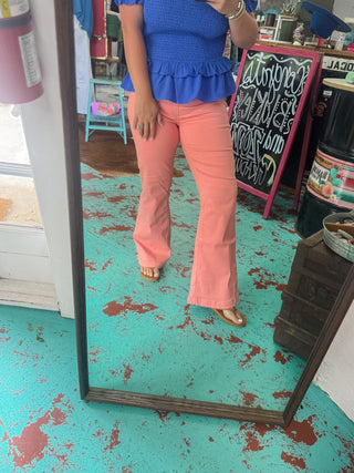 Cello Pull On Mid Rise Flare Jeggings - Coral Peach
