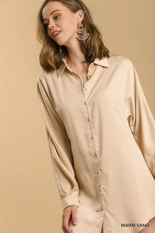 Satin Collar Button Down Tunic Dress