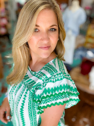 Green White Printed Ruffle Top