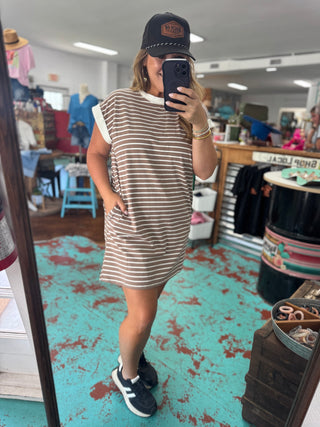 Striped Contrast Trim Rib Banded Tshirt Dress