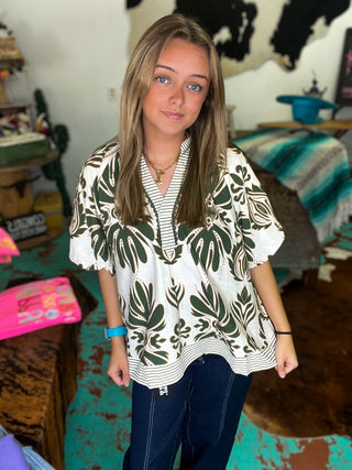 Mix Printed Puff Sleeve Top - Sage