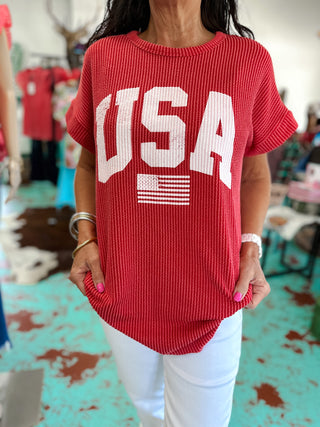 USA Solid Ribbed Top - Red