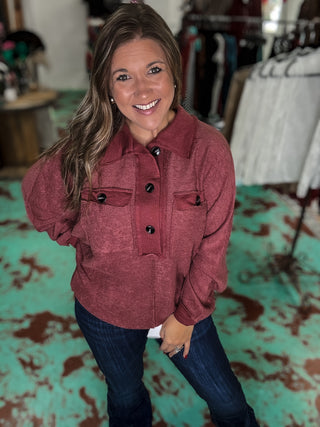 Marsala Cut Edge Pocket Collared Top