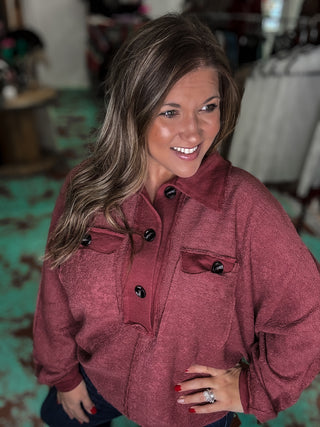 Marsala Cut Edge Pocket Collared Top