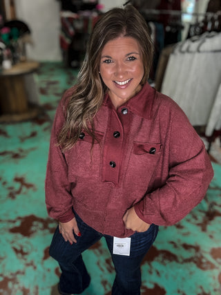 Marsala Cut Edge Pocket Collared Top