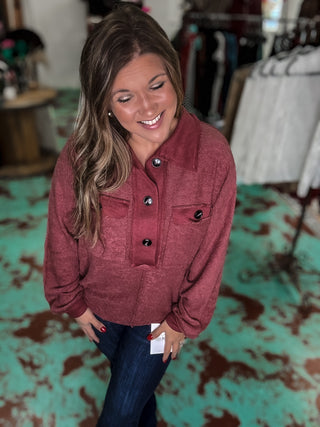 Marsala Cut Edge Pocket Collared Top