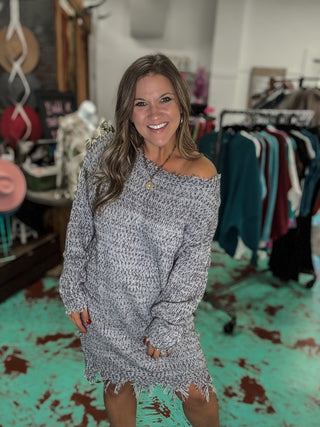 Distressed Boat Neck Long Sleeve Knit Sweater Dress