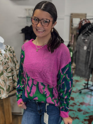 Colorblock Leopard Pullover Sweater