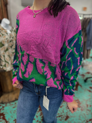 Colorblock Leopard Pullover Sweater