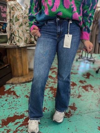 Petite Mid Rise Medium Wash Kancan Flare Jeans