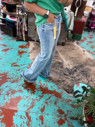 Wide Mid Rise Front Patch Jeans