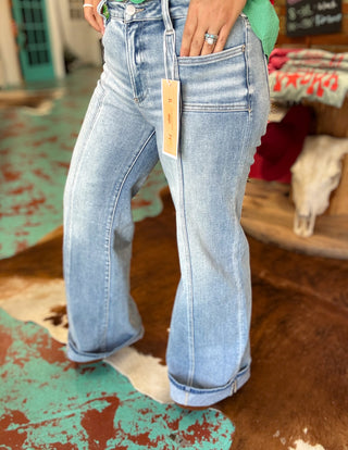 Wide Mid Rise Front Patch Jeans