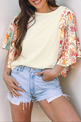 Floral Patchwork Batwing Sleeve Summer Blouse
